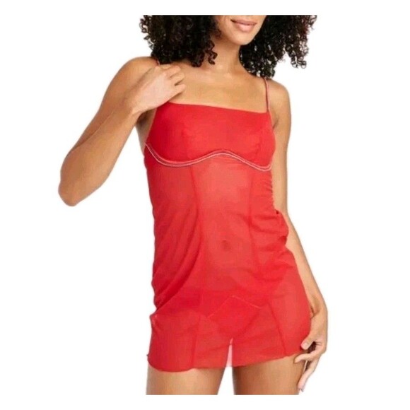NWOT Auden Intimates Womens S Mesh Rhinestone Bling Lingerie Dress Stretch Red - Picture 1 of 11